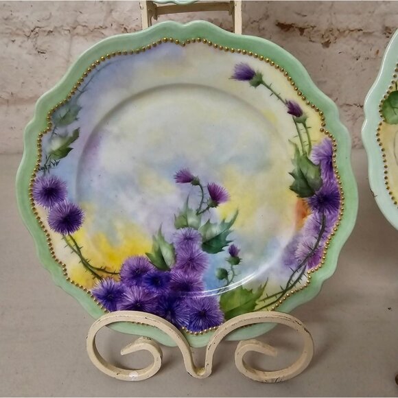 3 PC Royal Austria 8" Dessert Plates Gold Trim Purple Orange Floral Handpainted - Picture 2 of 7